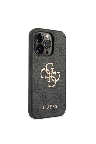 iPhone 14 Pro Uyumlu Kılıf Guess PU Deri Büyük Metal Logo Dizaynlı Kapak Gri