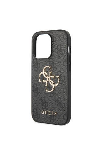 iPhone 14 Pro Uyumlu Kılıf Guess PU Deri Büyük Metal Logo Dizaynlı Kapak Gri