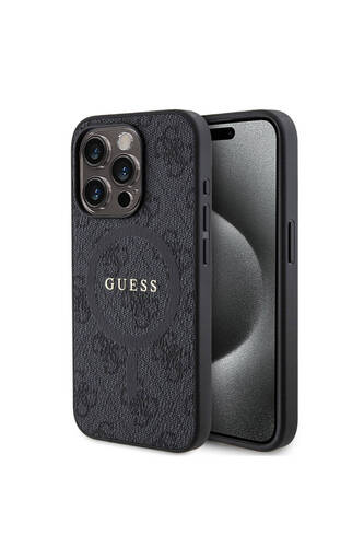 iPhone 15 Pro Uyumlu Kılıf Guess Lisanslı Magsafe Şarj Özellikli 4G Desenli Yazı Logolu Kapak Siyah