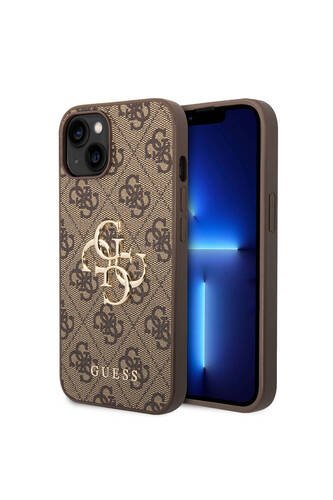 iPhone 14 Uyumlu Kılıf Guess PU Deri Büyük Metal Logo Dizaynlı Kapak Kahverengi