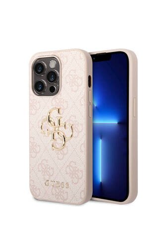 iPhone 14 Pro Uyumlu Kılıf Guess PU Deri Büyük Metal Logo Dizaynlı Kapak Pembe