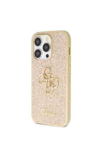 iPhone 14 Pro Max Uyumlu Kılıf Guess  Lisanslı 4G Büyük Metal Logolu Glitter Kapak Gold