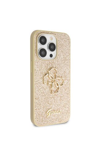 iPhone 14 Pro Max Uyumlu Kılıf Guess  Lisanslı 4G Büyük Metal Logolu Glitter Kapak Gold