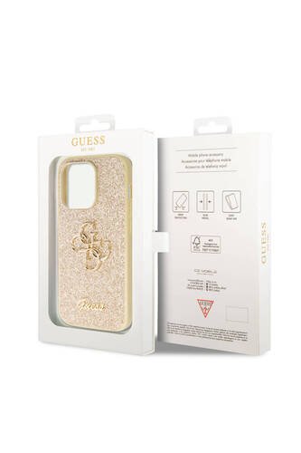 iPhone 14 Pro Max Uyumlu Kılıf Guess  Lisanslı 4G Büyük Metal Logolu Glitter Kapak Gold