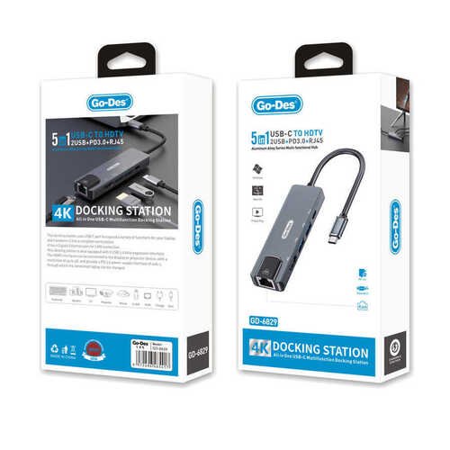 Go Des GD-6829 Type-C Hub 5 in 1 HDMI 4K - USB 3.0 - RJ45 Ethernet Çoğaltıcı Adaptör