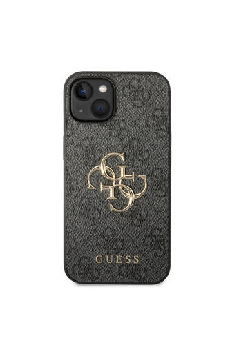 iPhone 14 Uyumlu Kılıf Guess PU Deri Büyük Metal Logo Dizaynlı Kapak Gri