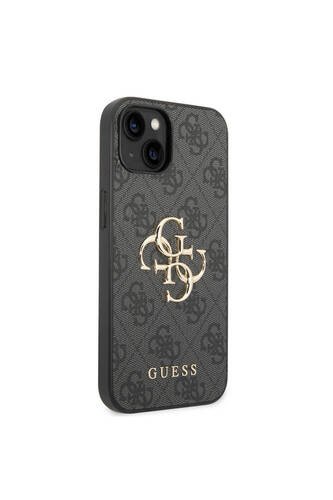 iPhone 14 Uyumlu Kılıf Guess PU Deri Büyük Metal Logo Dizaynlı Kapak Gri