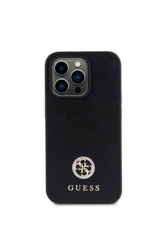 iPhone 14 Pro Max Uyumlu Kılıf Guess  Lisanslı Deri 4G Metal Logo Strass Kapak Siyah