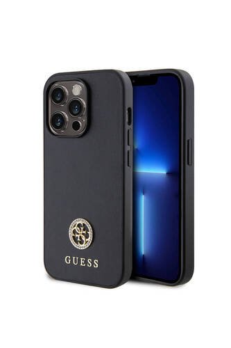 iPhone 14 Pro Max Uyumlu Kılıf Guess  Lisanslı Deri 4G Metal Logo Strass Kapak Siyah