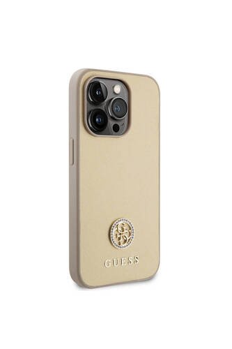 iPhone 14 Pro Max Uyumlu Kılıf Guess  Lisanslı Deri 4G Metal Logo Strass Kapak Gold