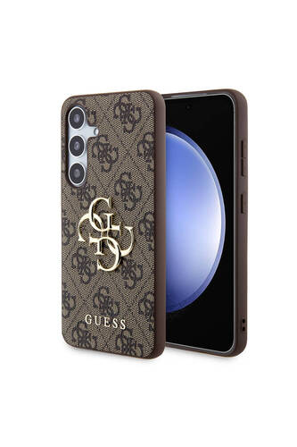 Galaxy S24 Uyumlu Kılıf Guess Lisanslı PU Deri Yazı ve 4G Metal Logolu Desenli Kapak Kahverengi