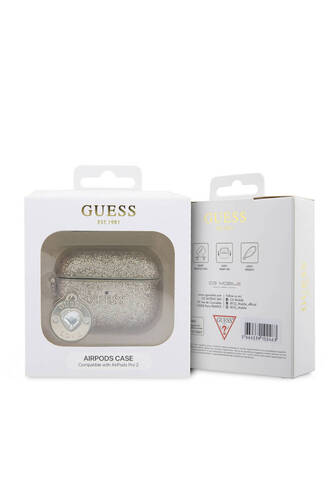 Airpods Pro 2 Uyumlu Kılıf Guess  Lisanslı Glitter Elmas Kalp Süs Zincirli Gold