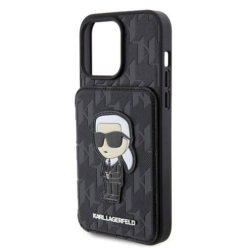 Apple iPhone 15 Pro Max Kılıf Karl Lagerfeld Standlı Kartlıklı Saffiano Monogram İkonik Metal Logo Orjinal Lisanslı Kapak