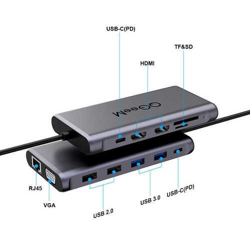 Qgeem QG-UH12-V 12 in 1 Çok Fonksiyonlu Usb Çoğaltıcı Hub VGA-RJ45-HDMI-SD Kart 480 Mbps