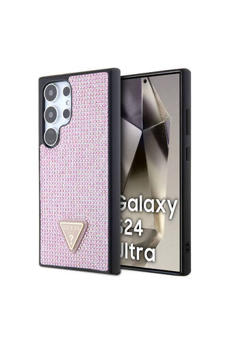 Galaxy S24 Ultra Uyumlu Kılıf Guess Lisanslı Taşlı Arka Yüzey Üçgen Logolu Kapak Pembe