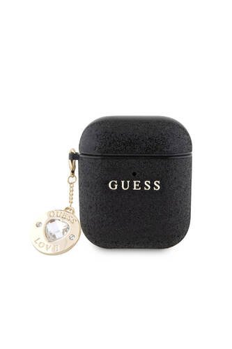 Uyumlu Kılıf Guess  Lisanslı Glitter Elmas Kalp Süs Zincirli Siyah