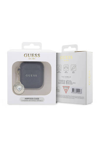 Uyumlu Kılıf Guess  Lisanslı Glitter Elmas Kalp Süs Zincirli Siyah