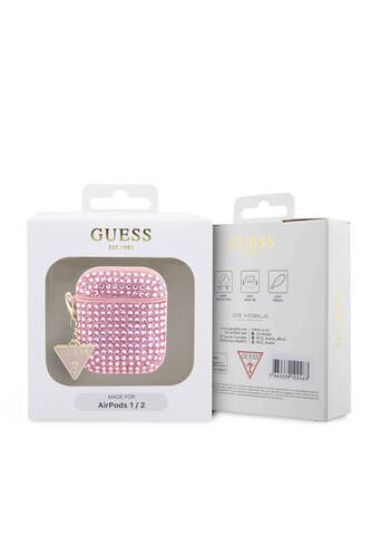 Airpods Uyumlu Kılıf Guess  Lisanslı Parıltılı Taş Kaplamalı Üçgen Logo Süs Zincirli Pembe