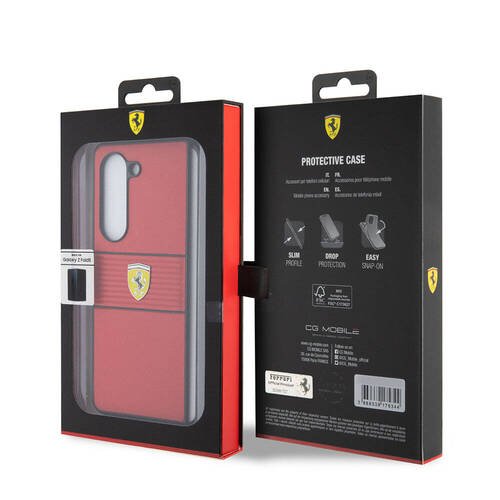 Galaxy Z Fold 5 Kılıf Ferrari Orjinal Lisanslı PU Deri Metal Logolu Multi Çizgili Kapak Kırmızı