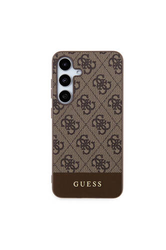 Galaxy S24 Uyumlu Kılıf Guess Lisanslı PU Deri Şerit Logo Dizaynlı Kapak Kahverengi