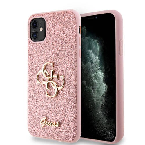 iPhone 11 Kılıf Guess Orjinal Lisanslı 4G Büyük Metal Logolu Glitter Kapak Pembe