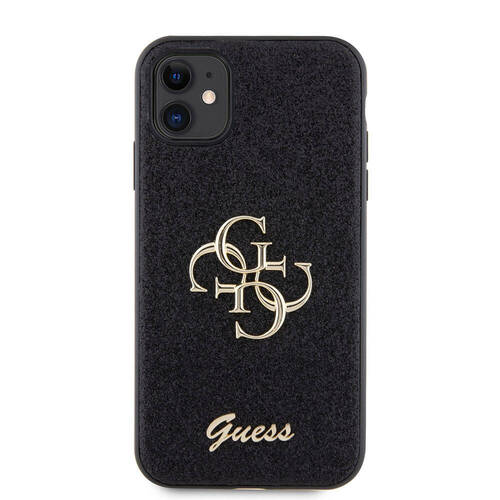 iPhone 11 Kılıf Guess Orjinal Lisanslı 4G Büyük Metal Logolu Glitter Kapak Siyah