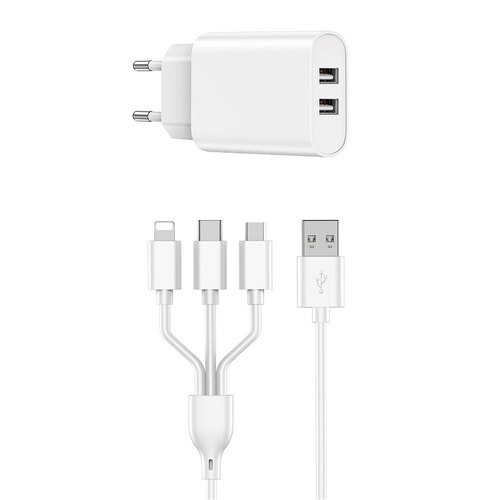 Wiwu Wi-U003 2.1A Çift USB Çıkışlı Hızlı Şarj Seti 3in1 Kablolu Type-C/Lightning/Micro