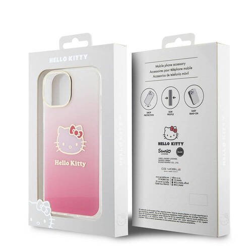 iPhone 15 Kılıf Hello Kitty Orjinal Lisans Yazı ve İkonik Logo Elektroplating Kaplama Gradyan Pembe