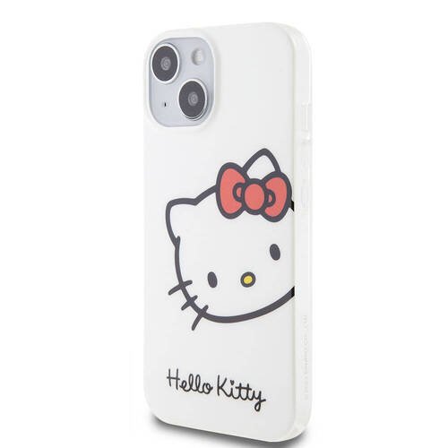 iPhone 15 Kılıf Hello Kitty Orjinal Lisanslı Yazı ve İkonik Logolu Kitty Head Kapak Beyaz