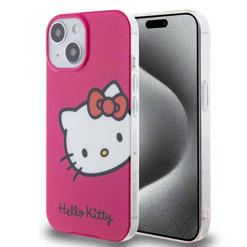 iPhone 15 Kılıf Hello Kitty Orjinal Lisanslı Yazı ve İkonik Logolu Kitty Head Kapak Pembe