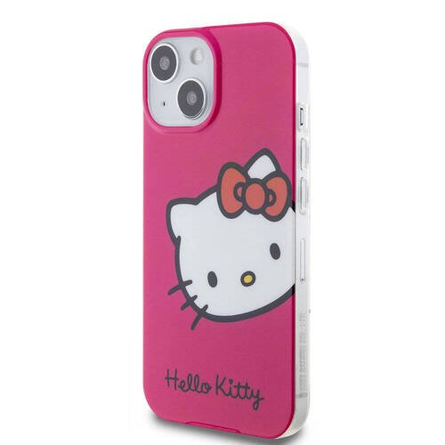 iPhone 15 Kılıf Hello Kitty Orjinal Lisanslı Yazı ve İkonik Logolu Kitty Head Kapak Pembe