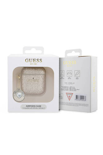 Airpods Uyumlu Kılıf Guess  Lisanslı Glitter Elmas Kalp Süs Zincirli Gold