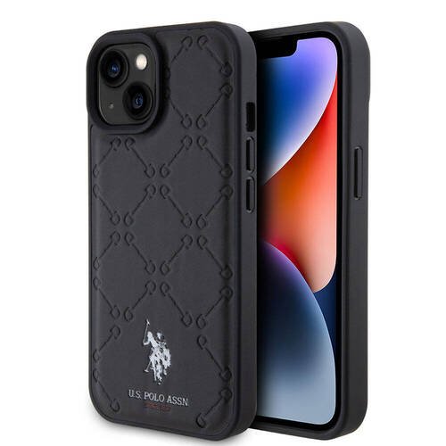 iPhone 15 Kılıf U.S. Polo Assn. Orjinal Lisanslı HS Desenli Baskı Logolu Suni Deri Kapak Siyah