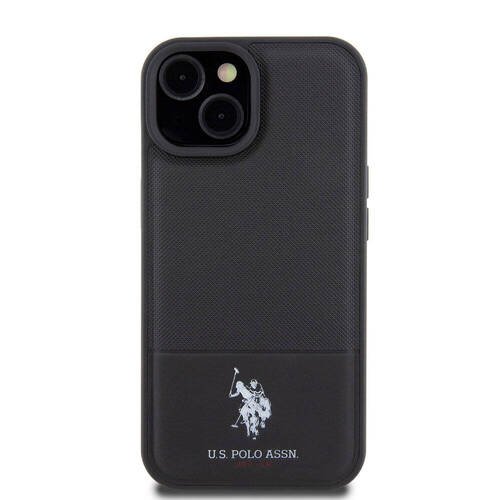 iPhone 15 Kılıf U.S. Polo Assn. Orjinal Lisanslı Suni Deri Baskı Logolu Örgü Desenli Siyah