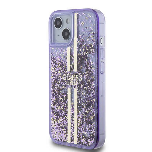 Apple iPhone 15 Kılıf Guess Orjinal Lisanslı Transparan Sıvılı Simli Altın Çizgili Kapak