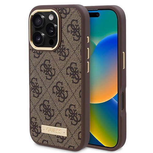 Apple iPhone 16 Pro Max Kılıf Guess Orjinal Lisanslı M-safe Şarj Özellikli 4G Desenli PU Metal Plaka Klasik Logolu Kapak