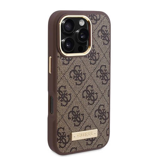 Apple iPhone 16 Pro Max Kılıf Guess Orjinal Lisanslı M-safe Şarj Özellikli 4G Desenli PU Metal Plaka Klasik Logolu Kapak
