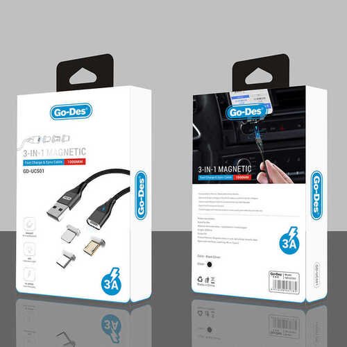 Go Des GD-UC501 3 in 1 Magnetik USB Kablo 3A Mıknatıslı Şarj Kablosu 100 cm Data Kablo