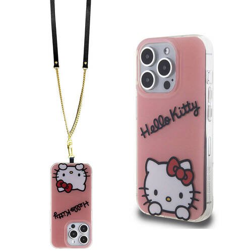 iPhone 15 Pro Kılıf Hello Kitty Orjinal Lisanslı Askılı Yazı ve İkonik Logolu Daydreaming Pembe