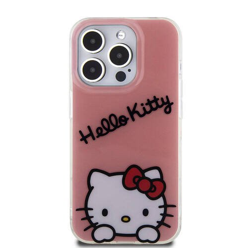 iPhone 15 Pro Kılıf Hello Kitty Orjinal Lisanslı Askılı Yazı ve İkonik Logolu Daydreaming Pembe