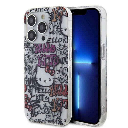 iPhone 15 Pro Kılıf Hello Kitty Orjinal Lisanslı İkonik Logolu Etiket Graffiti Kapak Beyaz