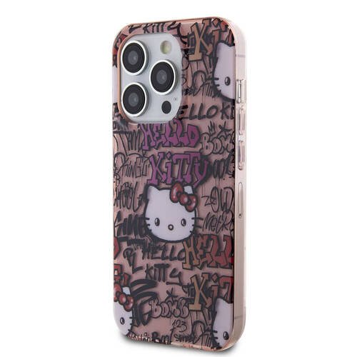 iPhone 15 Pro Kılıf Hello Kitty Orjinal Lisanslı İkonik Logolu Etiket Graffiti Kapak Pembe