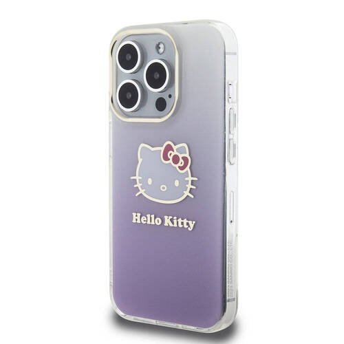 iPhone 15 Pro Kılıf Hello Kitty Orjinal Lisanslı Yazı ve İkonik Logolu Elektroplating Gradyan Mor