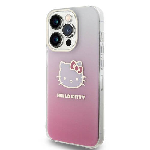 iPhone 15 Pro Kılıf Hello Kitty Orjinal Lisanslı Yazı ve İkonik Logolu Elektroplating Gradyan Pembe