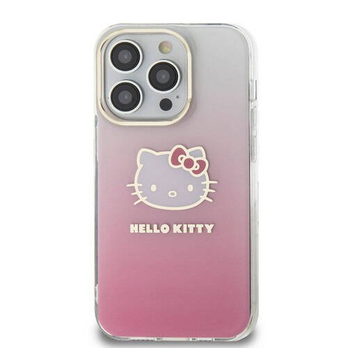 iPhone 15 Pro Kılıf Hello Kitty Orjinal Lisanslı Yazı ve İkonik Logolu Elektroplating Gradyan Pembe