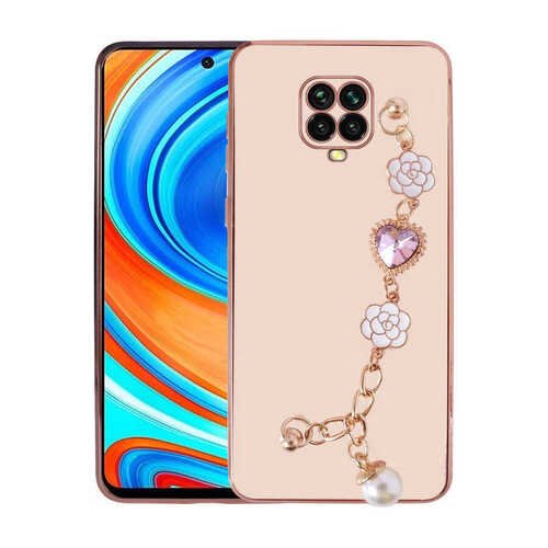 Xiaomi Redmi Note 9S Kılıf Kalpli Çiçekli Bileklik Zincirli Kamera Korumalı Kenarları Gold Renk Silikon