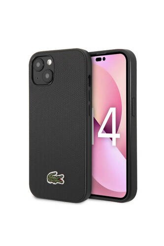 iPhone 14 Kılıf Lacoste Lisanslı PU Pike Desenli İkonik Timsah Dokuma Logo Siyah