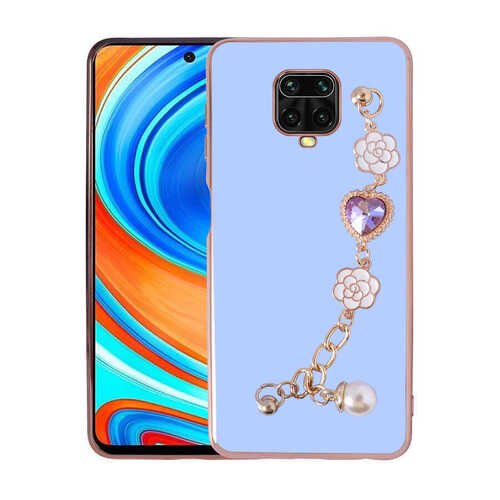 Xiaomi Redmi Note 9 Pro Kılıf Kalpli Çiçekli Bileklik Zincirli Kamera Korumalı Kenarları Gold Renk Silikon