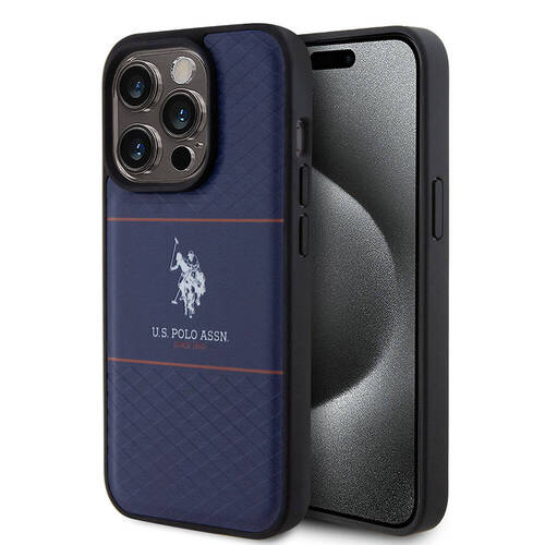 iPhone 15 Pro Kılıf U.S. Polo Assn. Orjinal Lisanslı Deri Şeritli Logo Dizayn Kapak Lacivert