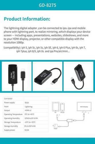 Go Des GD-8275 Lightning HDMI 2K Dönüştürücü Adaptör Lightning AV Kablo